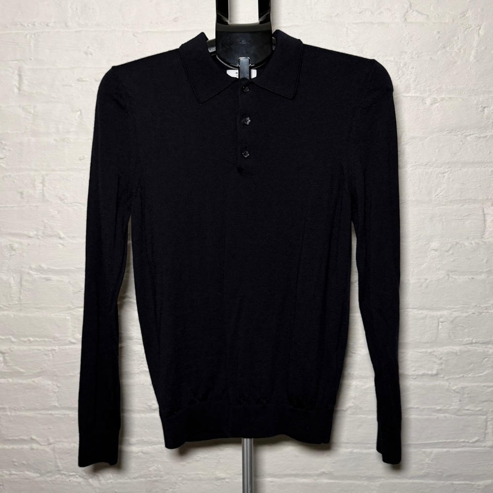 Reiss Men's Black Long-Sleeve Merino Wool Knit Polo Shirt